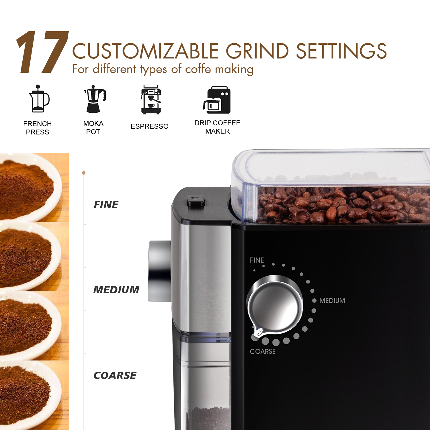 Burr Coffee Grinder, Electric Coffee Bean Grinder withLarge Bean Hopper, 2-12cups Selectors 17 Grinding Settings