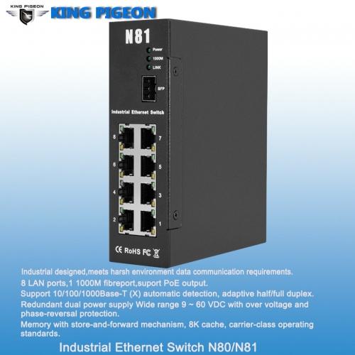 Rugged Industrial Ethernet Switch (8LAN 1 Fibre port,Dual Power Inputs, PoE Output)
