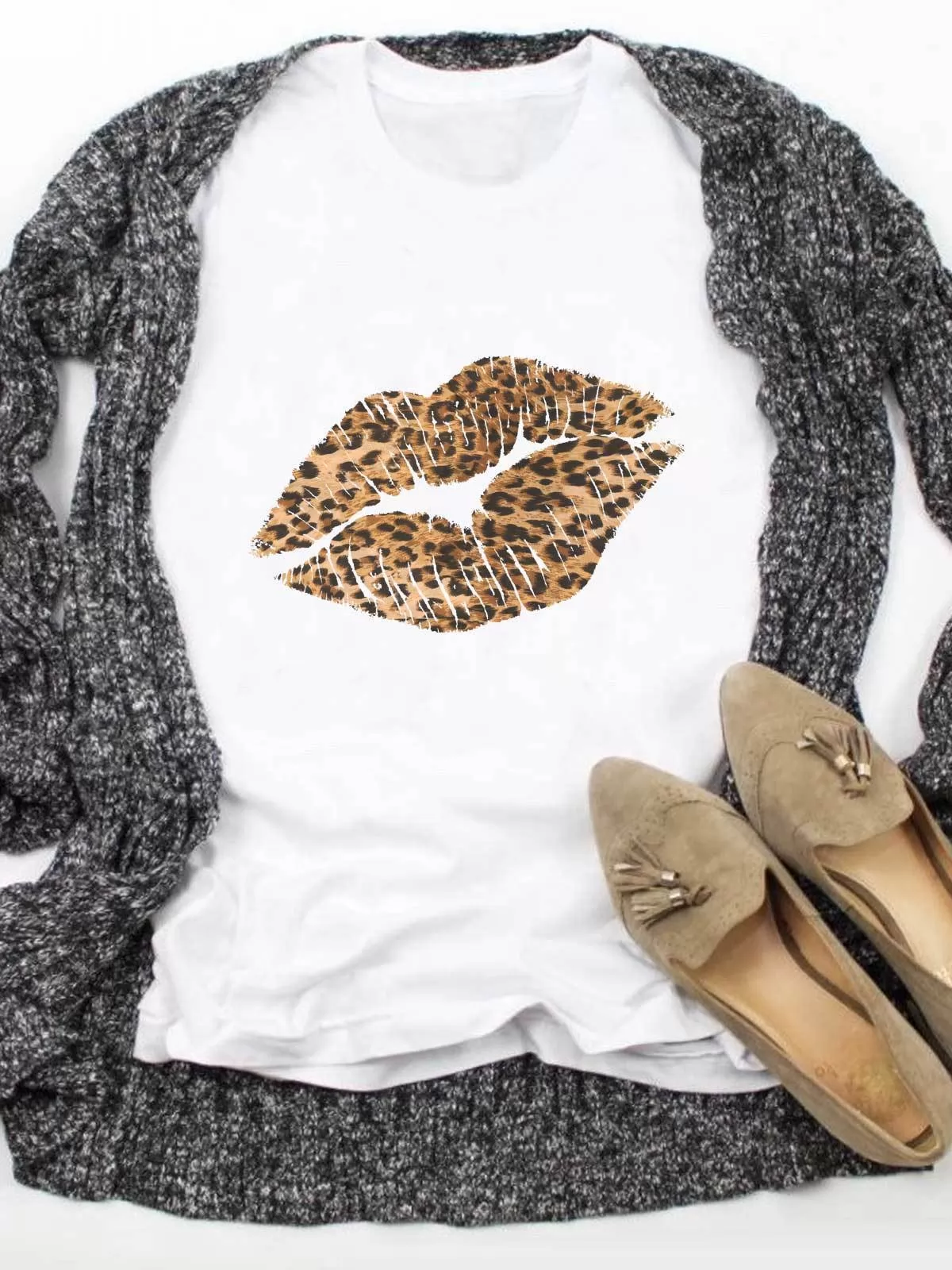 Leopard Lips Textures Printed White Tee