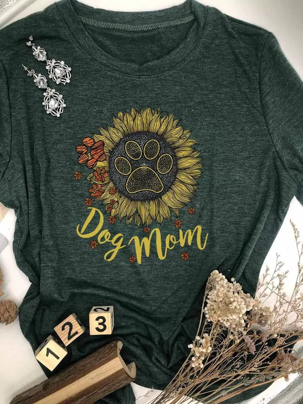 Dog Mom Dog Paw Sunflower T-shirt