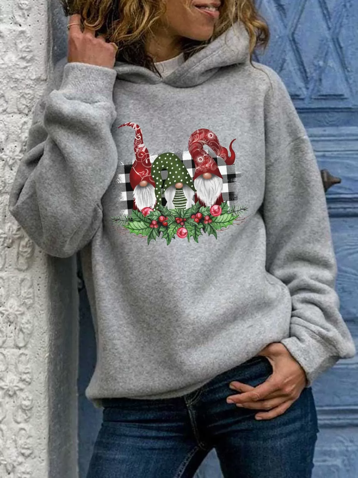 Floral Polka Dot Grid Printed Gnomes Sweatshirt