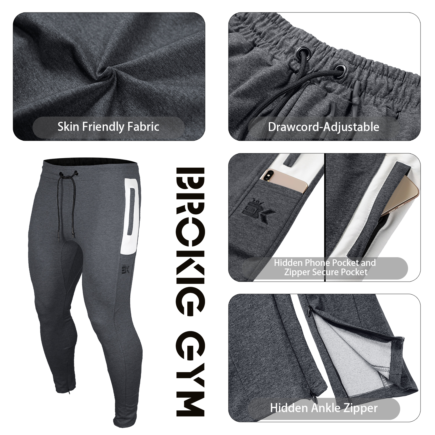 BROKIG Pantalon Jogging Sport Homme Fitness Coton avec Poches Zippées (Gris  Clair, S) : : Mode