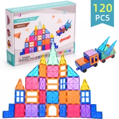 120 PCS Magnetic Building Blocks, 3D Magnet Building Tiles, STEM Construction Building Set, Stacking Toys with 2 Car