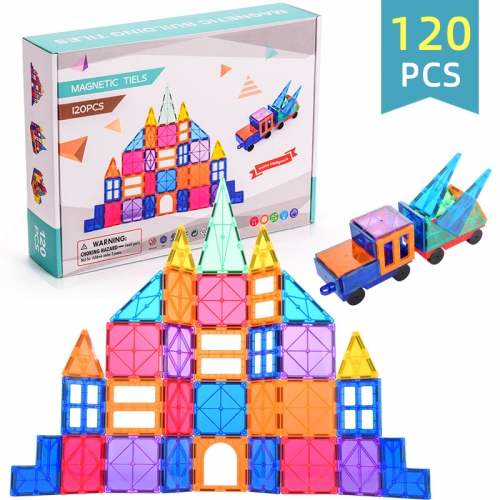 120 PCS Magnetic Building Blocks, 3D Magnet Building Tiles, STEM Construction Building Set, Stacking Toys with 2 Car