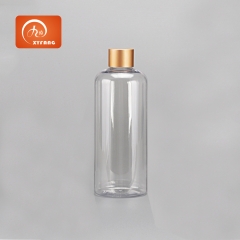 320ml Round Clear PET Plastic Bottle with Gold Anodized Aluminum Flip Cap Inner Cover-Face Cleanser Conditioner Makeup Remover