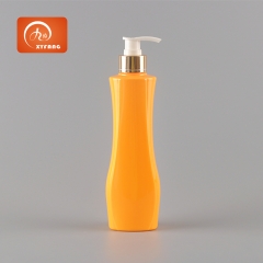 300ml Plastic bottle with pump PET Cosmetic packaging container Orange bottle with aluminum gold colar and white lotion pump