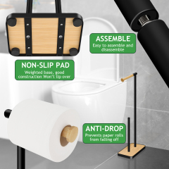 TACGEA Toilet Paper Holder Stand, Free Standing Toilet Paper Holder with Bamboo Base, Matte Black Finish, Holds 4 Rolls