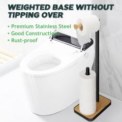 TACGEA Toilet Paper Holder Stand, Free Standing Toilet Paper Holder with Bamboo Base, Matte Black Finish, Holds 4 Rolls