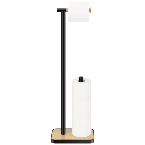 TACGEA Toilet Paper Holder Stand, Free Standing Toilet Paper Holder with Bamboo Base, Matte Black Finish, Holds 4 Rolls