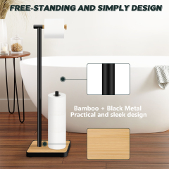 TACGEA Toilet Paper Holder Stand, Free Standing Toilet Paper Holder with Bamboo Base, Matte Black Finish, Holds 4 Rolls