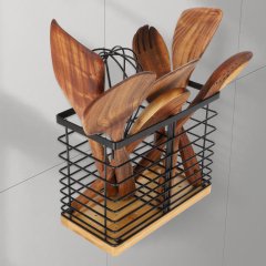 TACGEA Utensil holder for Kitchen Counter, Kitchen Cooking Utensil Holder Organizer with Wooden Base Matte Black (2 Compartments)…
