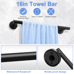 TACGEA Bathroom Hardware Set of 8, Towel Racks for Bathroom Wall Mounted - Includes 16" Stainless Steel Towel Bar, Toilet Paper Holder, Towel Ring, Robe Hooks, Soap Racks (Matte Black)