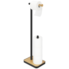 TACGEA Toilet Paper Holder Stand, Free Standing Toilet Paper Holder with Bamboo Base, Matte Black Finish, Holds 4 Rolls