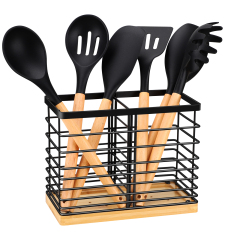 TACGEA Utensil holder for Kitchen Counter, Kitchen Cooking Utensil Holder Organizer with Wooden Base Matte Black (2 Compartments)…