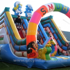 Customized Smurfs Double Lane Inflatable Dry Slide for kids