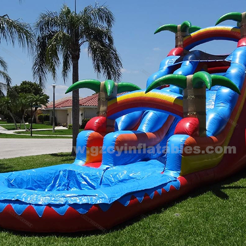 Fun rainbow inflatable slide, outdoor palm tree castle slide with pool