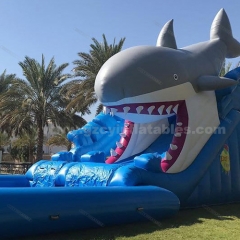 Blue Inflatable Pool Water Slide, Giant Shark Inflatable Slide