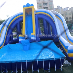 Commercial giant playground equipment inflatable 3 large water slides with swimming pool