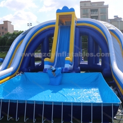 Commercial giant playground equipment inflatable 3 large water slides with swimming pool