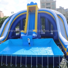 Commercial giant playground equipment inflatable 3 large water slides with swimming pool