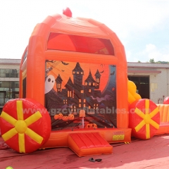 Inflatable Halloween Theme Pumpkin Car Bouncy Castle with Water Double Slides