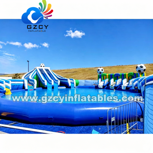 Commercial Inflatable Giant Football Water Slide With Swimming Pool Castle Slide Combo on Land for Kids Adults Aqua Park