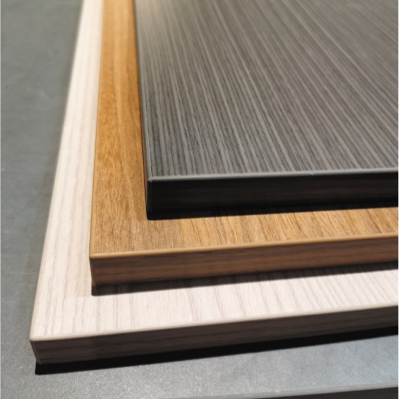 Multi-tone wood finish PVC/SPC panels with scratch-resistant UV coating, detailed edge view