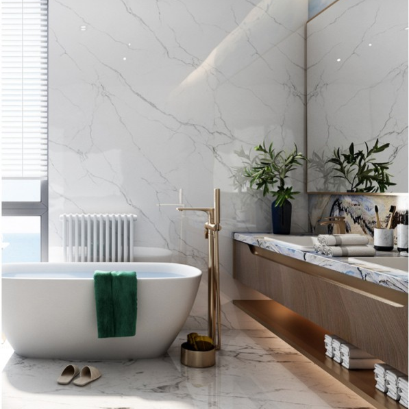 Smooth UV-cured coating on high-gloss PVC/SPC wall panels for luxury bathroom interior design