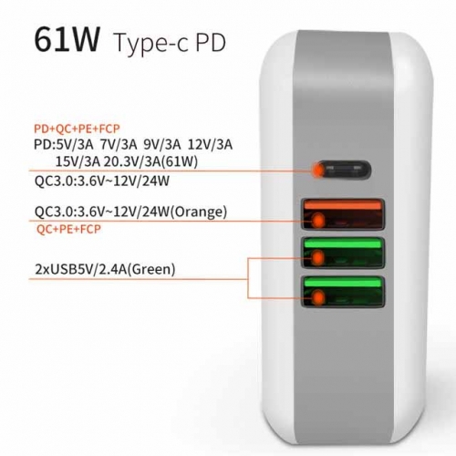61w Type-C PD QC 3.0 Multi Ports Charger VAC05795