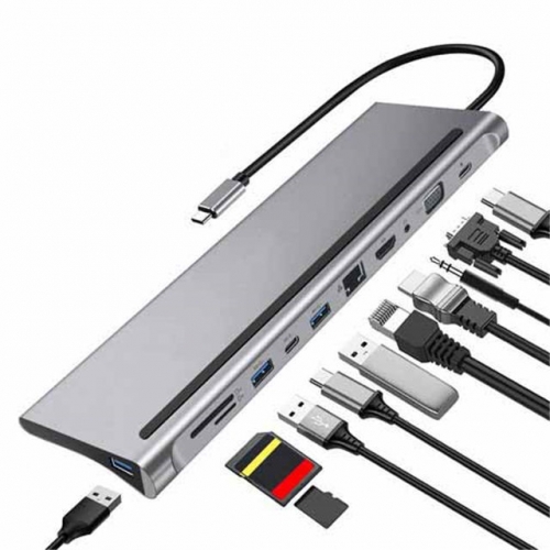 202201 11 in 1 Type-C Hub with 3USB Ethernet HDMI VGA TF SD Type-C Data Transfer PD Charging 3.5mm Jack VAC06095