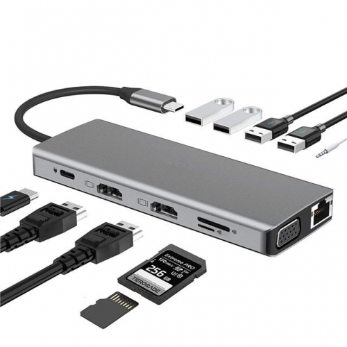 202201 12 in 1 Type-C Hub with 4USB Ethernet VGA TF SD HDMI*2 PD Charging Port 3.5mm Jack VAC06108