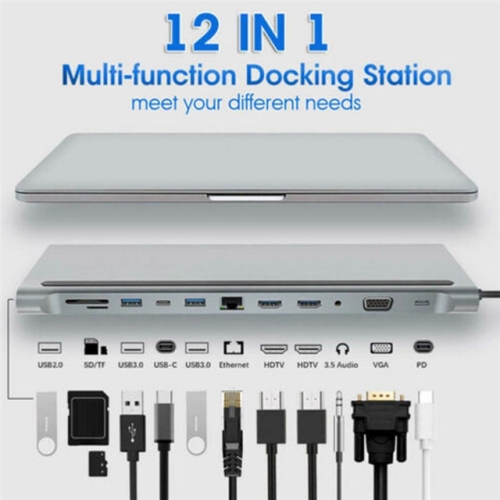 202201 12 in 1 Type-C Hub with 3USB Ethernet VGA HDMI*2 TF SD Type-C Data Transfer PD Charging 3.5mm Jack VAC06094