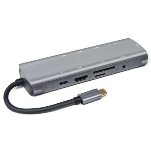 202201 10 in 1 Type-C Hub with 3USB Ethernet VGA HDMI TF SD PD Charging 3.5mm Jack VAC06112