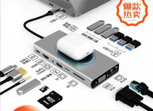 202201 15 in 1 Creative Type-C Hub with Wireless Charging 7USB Ethernet HDMI VGA TF SD PD Charging 3.5mm Jack VAC06114