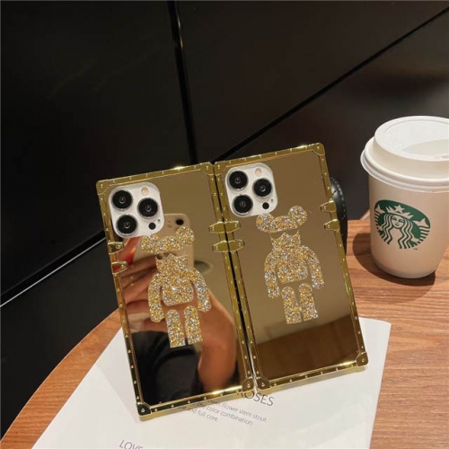 202203 Rhinestones Bearbrick Golden Square Case for iPhone VAC06862