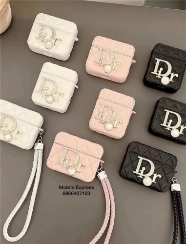 202303 Luxury DR PU Square Case with Rhinestones Nameplate for AirPods VAC13003