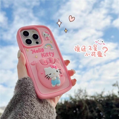 202402 YPYP Sanrio Hello Kitty Mirror Stand 3D Silicon Case for iPhone