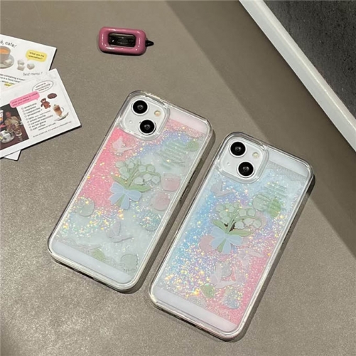 202402 YNEY Floral Liquid Glitter Case for iPhone