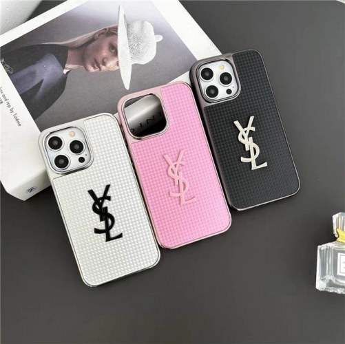 202402 MYMY Carbon Fiber Texture PU Case with YSL Nameplate Case for iPhone