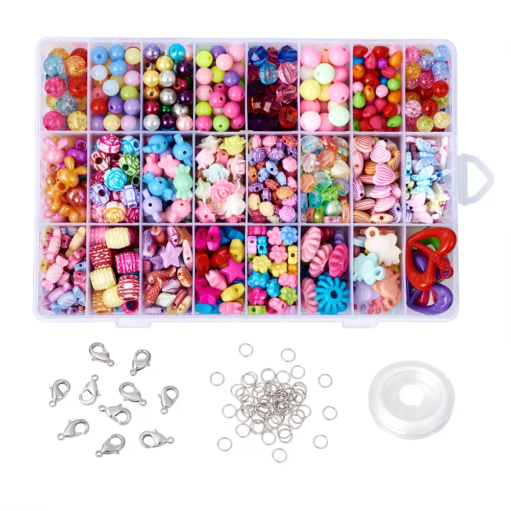 870pcs 24 Styles 5-31.5mm Acrylic Beads Set with 10pcs Lobster Claw Clasps, 100pcs Jump Rings, 0.8mm Wire for Kids Jewelry Making (DIY-TA0001-01)