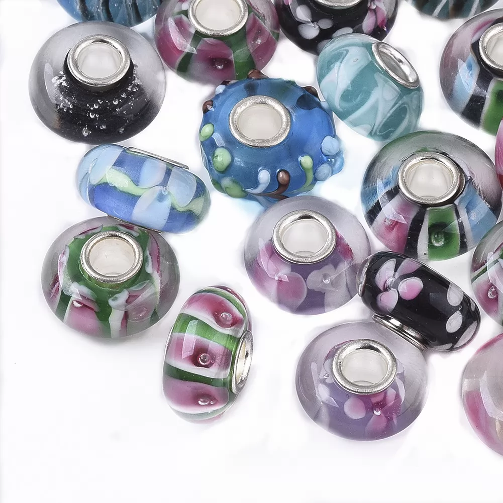20pcs 14mm Mixed Colors Lampwork Glass European Beads Large Hole Rondelle Slide Charm Beads with Brass Single Core for Jewelry Making (LAMP-S193-007)