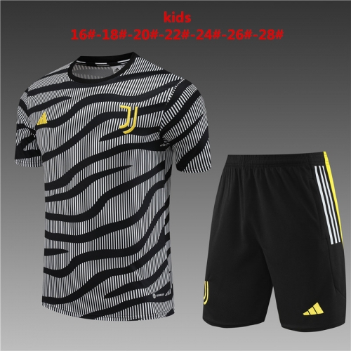 23-24 Short Sleeve Juventus Black and White [Camo Style] Kids+Adult Set, Training Clothing