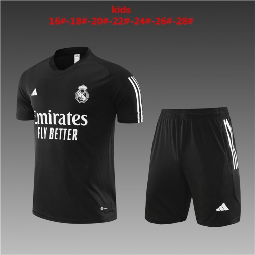23-24 Short Sleeve Real Madrid Black Kids+Adult Set, Training Clothing