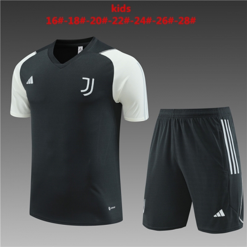 23-24 Short Sleeve Juventus Dark Grey Kids+Adult Set, Training Clothing