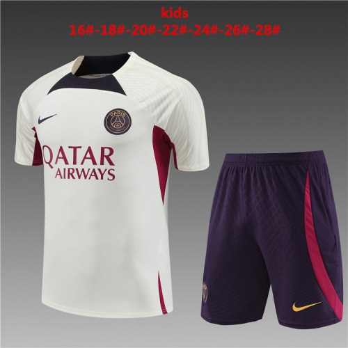 23-24 PSG Short Sleeve Paris White Kids+Adult Set, Training Clothing