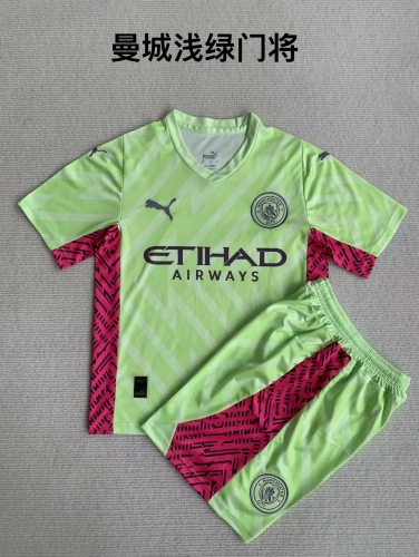 23-24 Manchester City Light Green Goalkeeper Kids+Adult Set