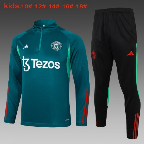 E798 # 23-24 Half La Manchester United Dark Green Children's Wear+Adult Set