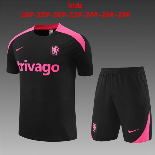 24-25 Short sleeved Chelsea Black Kids+Adult Set