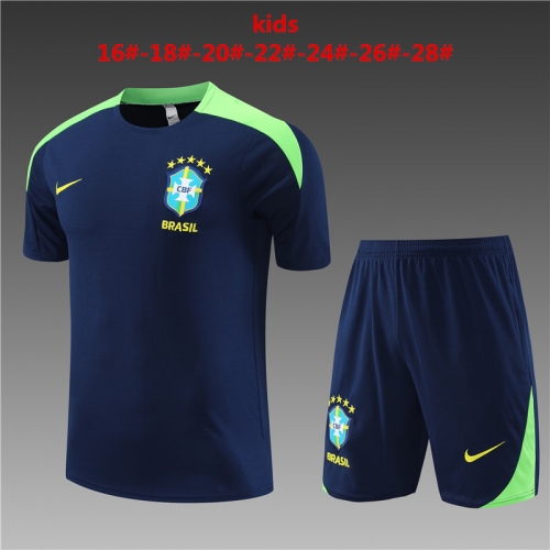 24-25 Short sleeved Brazil, Royal Blue Kids+Adult Set