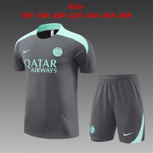 24-25 PSG short sleeved Paris dark gray paired with light blue kids+adult set pocket training suit